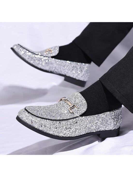 Men\'s Silver Rubber Sole Glitter Sequins Loafers Tuxedo Gold Buckle Luxury Shoes main image 5